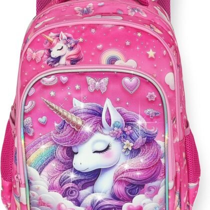 Pink Unicorn Girls Backpack Cute Kids School Bag for Elementary Toddler Kindergarten Preschool, Children's Bookbag Travel Back Pack With Chest Strap 15"