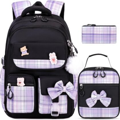 Girls Backpack - 3PCS Cute School Backpacks for Kindergarten to Middle School Kids with Lunch Box & Pencil Case Set (Black, Purple)