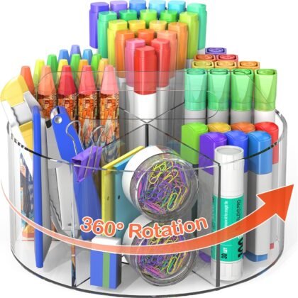 Acrylic Pen Holder, 360 Degree Rotating Pen Organizer, Rotating Desk Acrylic Office Organizer with 6 Compartments, Marker Organizer for Kid, Crayon Caddy School Art Supply Storage Organizer
