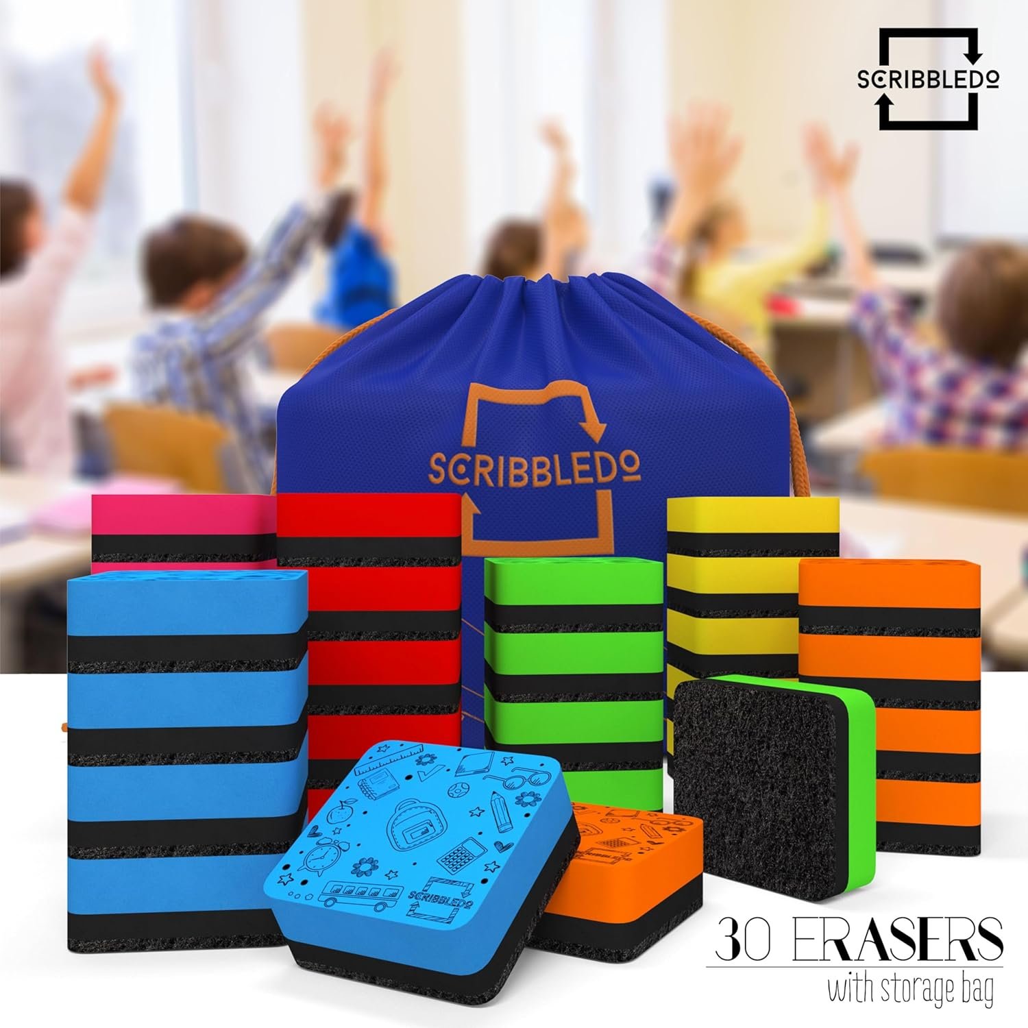 Scribbledo 30 Pack Dry Erase Erasers Assorted Colors Magnetic Whiteboard Erasers for Kids and Students - Smudge Free Small Dry Erase Board Erasers for Classroom Home School and Office - Image 2