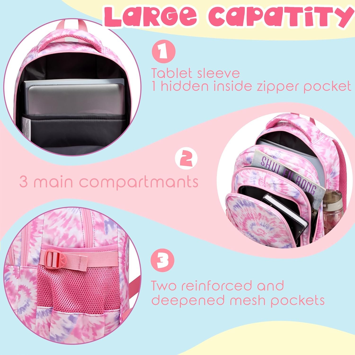 BLUEFAIRY Kids Backpack for Girls Elementary Primary Middle School Bags for Aged 8-10 for Teens Childs Bookbags Back to School Book Bags Gifts Mochilas para Niñas de 6 7 8 9 10 Años Tie-dye Pink - Image 3