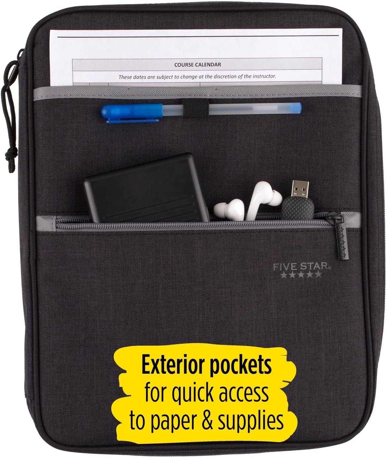 Five Star Zipper Binder, 1 Inch 3-Ring Binder with Round Rings, Carry-All with Pockets and 4-Tab Dividers, 375 Sheet Capacity, Black/Gray (29092IT8) - Image 6