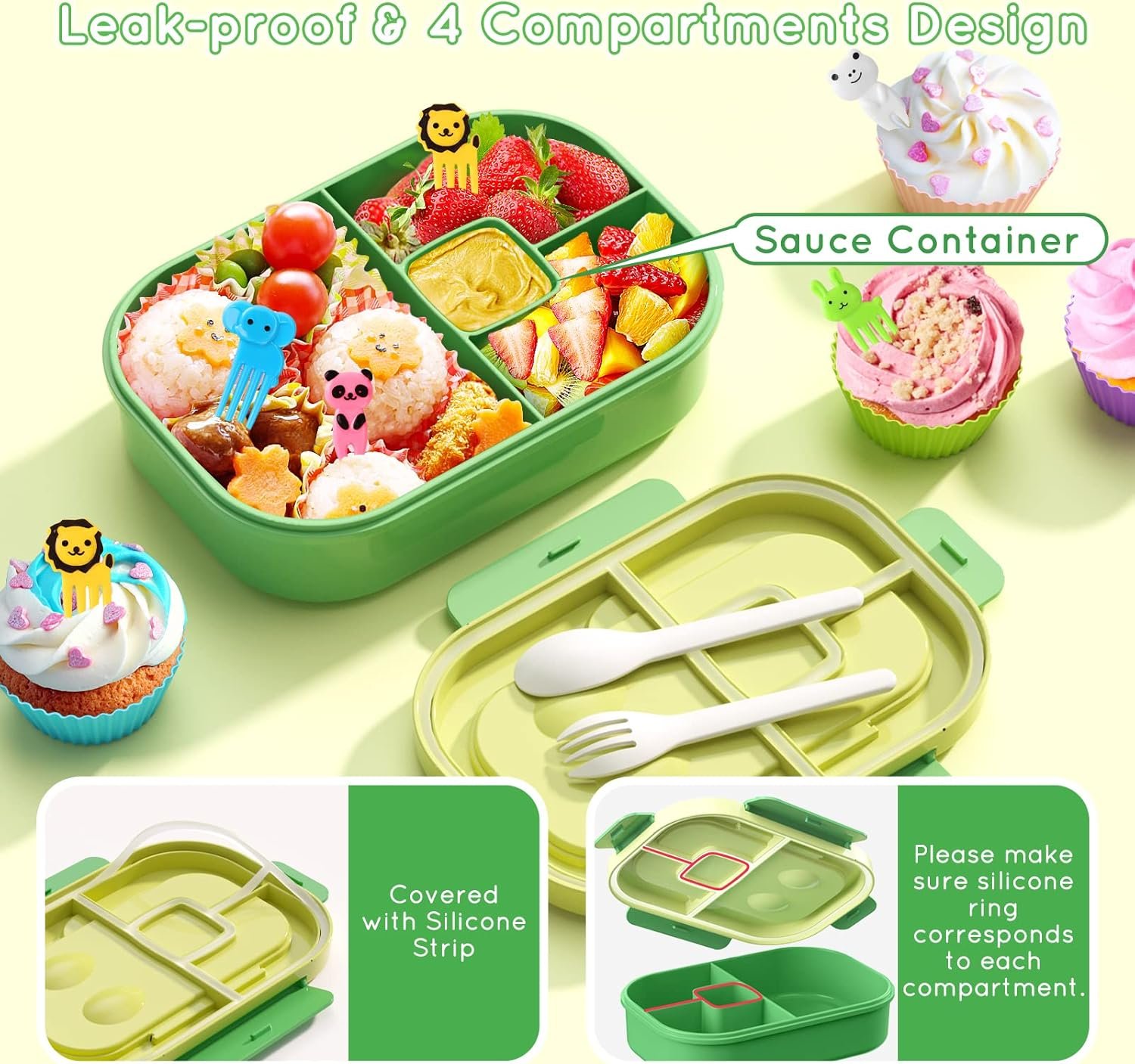 Bento Lunch Box Leakproof 44oz Kids Lunch Box Containers with 4 Compartment, Bento-Style Lunch Bento Box with Cutlery, Reusable Kid Back to School Meal/Snack Packing BPA Free (Green) - Image 2