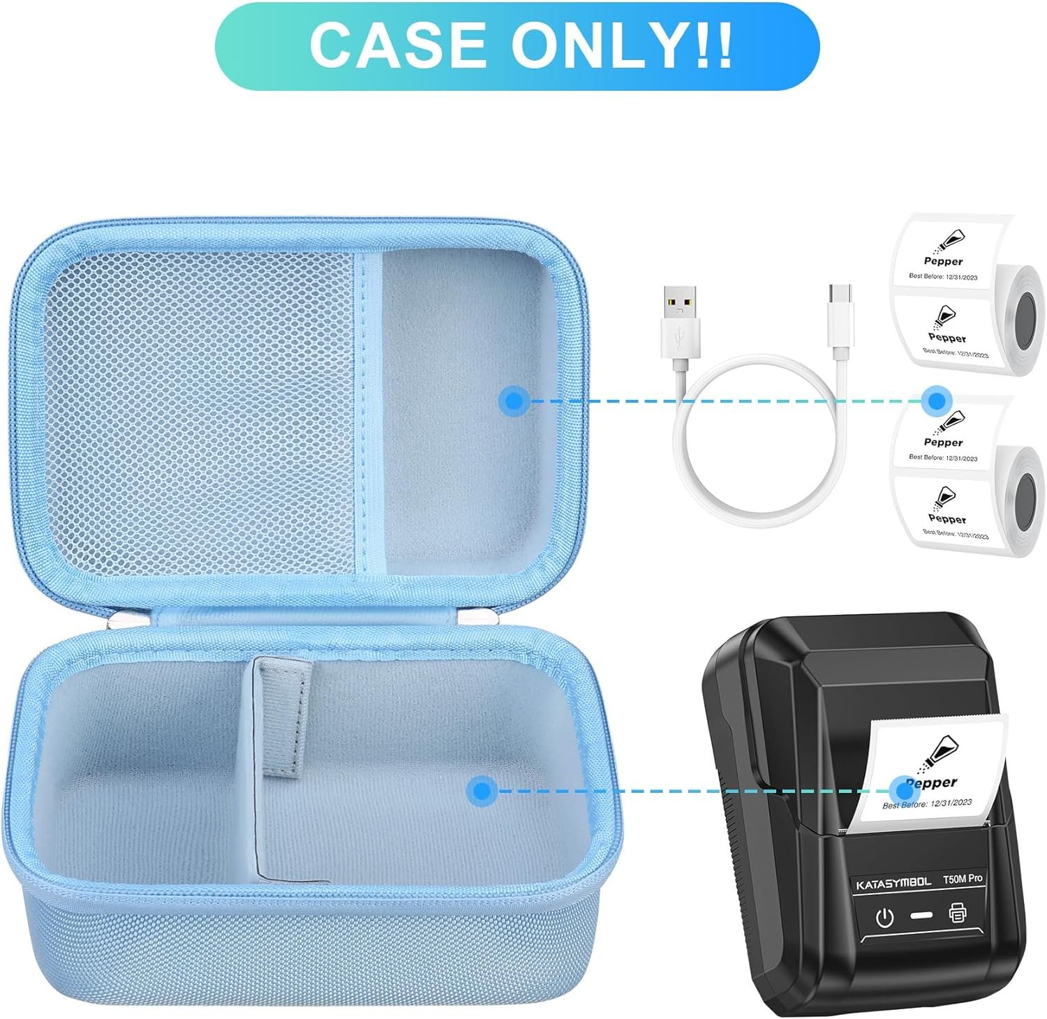 BOVKE Carrying Case Compatible with SUPVAN T50M Pro Bluetooth Label Maker Machine, T50M Pro Portable Inkless Labeler Holder with Extra Space for Label Maker Tapes, Cables, Blue - Image 2