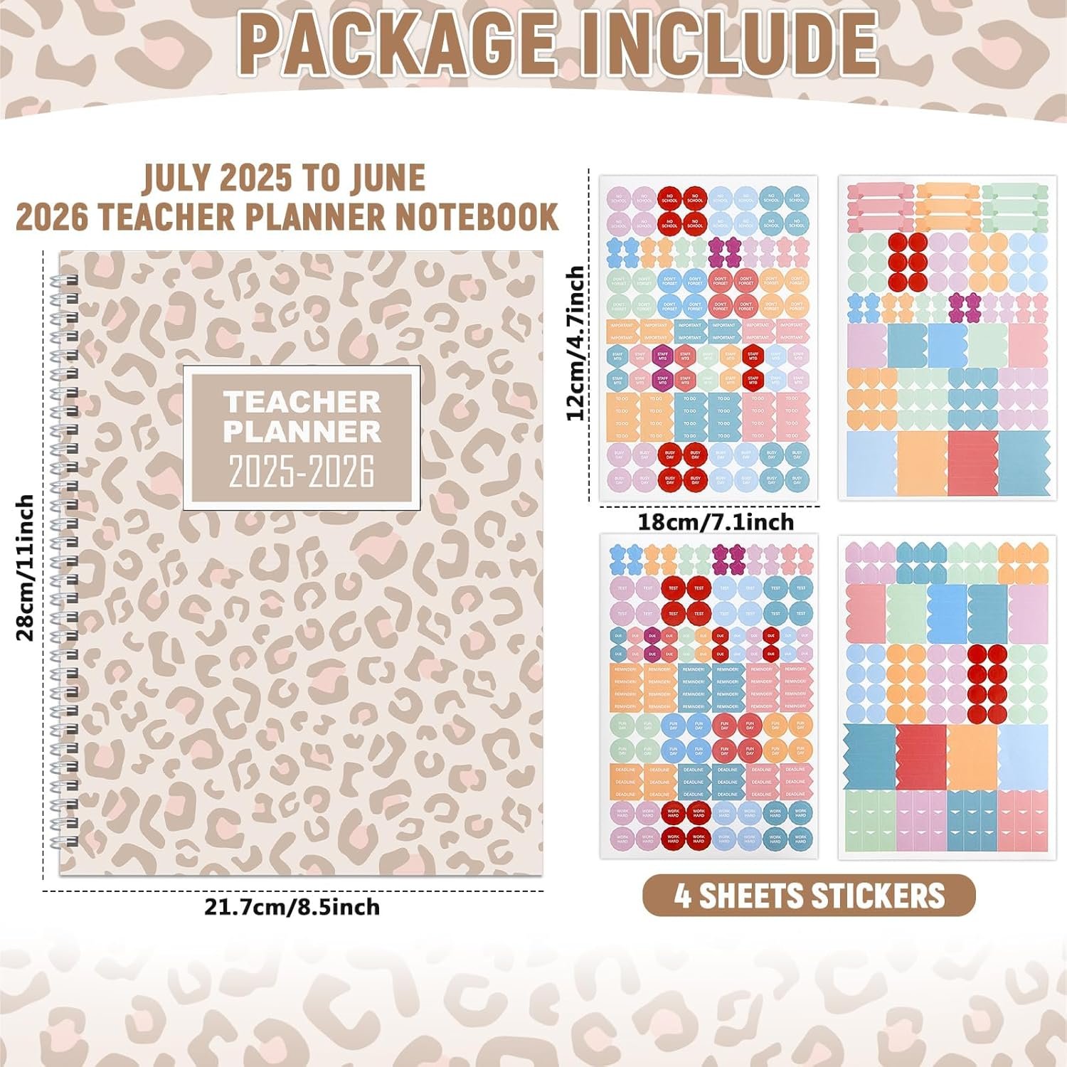Teacher Planner 2025-2026 Notebook with 10 Section Lesson Plan Book Daily Weekly Monthly 8.5"x11" Classroom Organizer Spiral Bound Planning Stickers, Dated Calendar, Page Tabs(Leopard Print) - Image 2