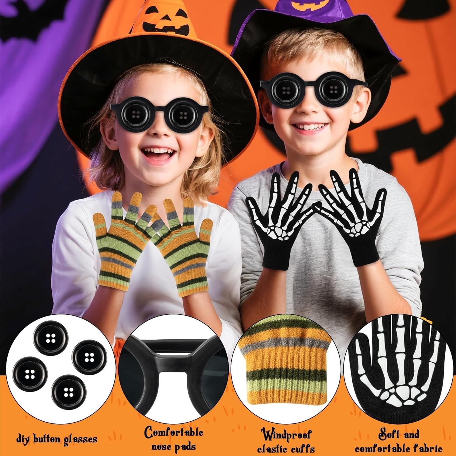 Halloween Button Eyes Cosplay Accessories Set - 15PCS Coraline and Wybie Inspired Costume Kit with Skull Gloves, Key Necklace, Button Bracelets and Glasses Gifts for Women Men Fans - Image 4