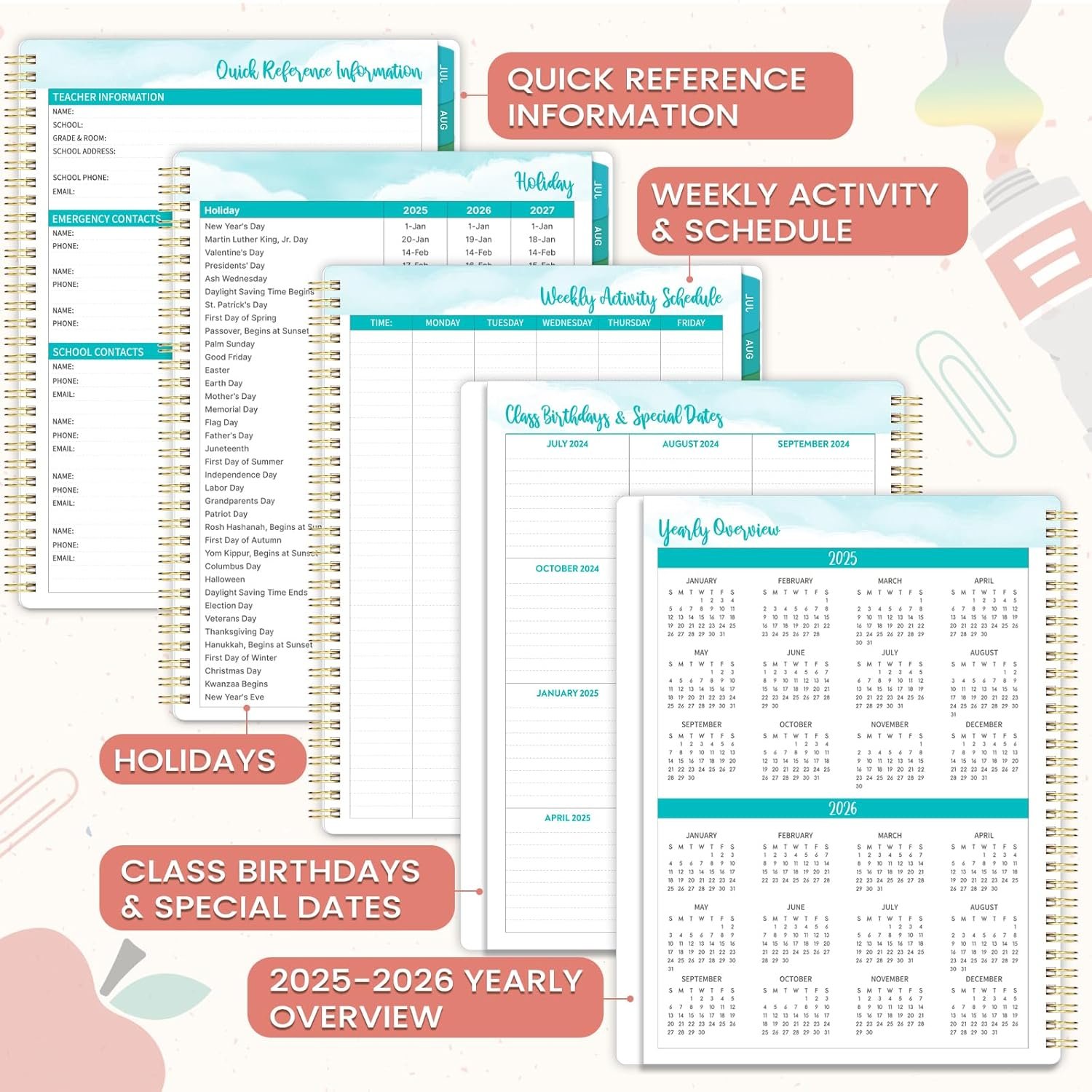 Teacher Planner 2025-2026 - Teacher Lesson Planners 2025-2026 from July 2025- June 2026, Academic Planner for School Year with Colorful Tabs and Inner Pocket, 8.5" x 11" - Image 6