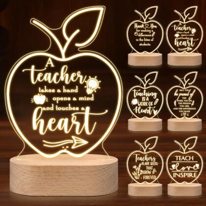 Fabbay 6 Pcs Back to School Appreciation Gifts for Teachers Acrylic Night Light Apple Shaped Engraved LED Night Lamp for Teacher Retirement Farewell Thank You Gifts (Classic Style)