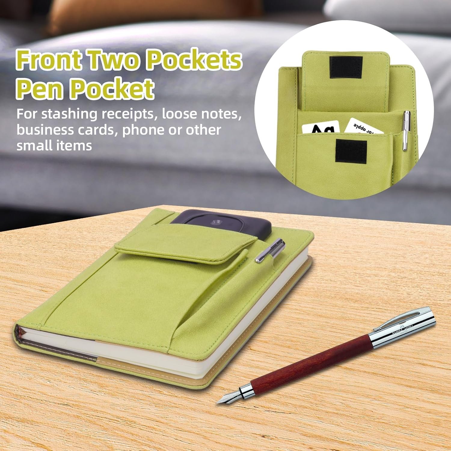 Refillable Lined PU Leather Journal Notebook, A5 Size Journal for Women Men,100gsm 200 Pages Thick Paper Notebooks with Pockets, Daily Premium Notebook for Note Taking, Meeting (green) - Image 5