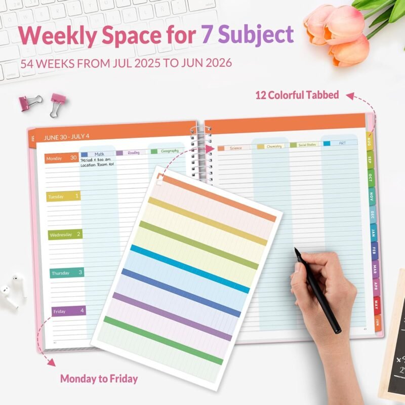 SUNEE Deluxe Teacher Planner 2025-2026, Lesson Planner Book with 7 Periods Jul 2025 - Jun 2026, 8.5" x 11" Daily Weekly and Monthly Organizers with Colorful Tabs, Planning Stickers,120gms Paper, Pink - Image 3