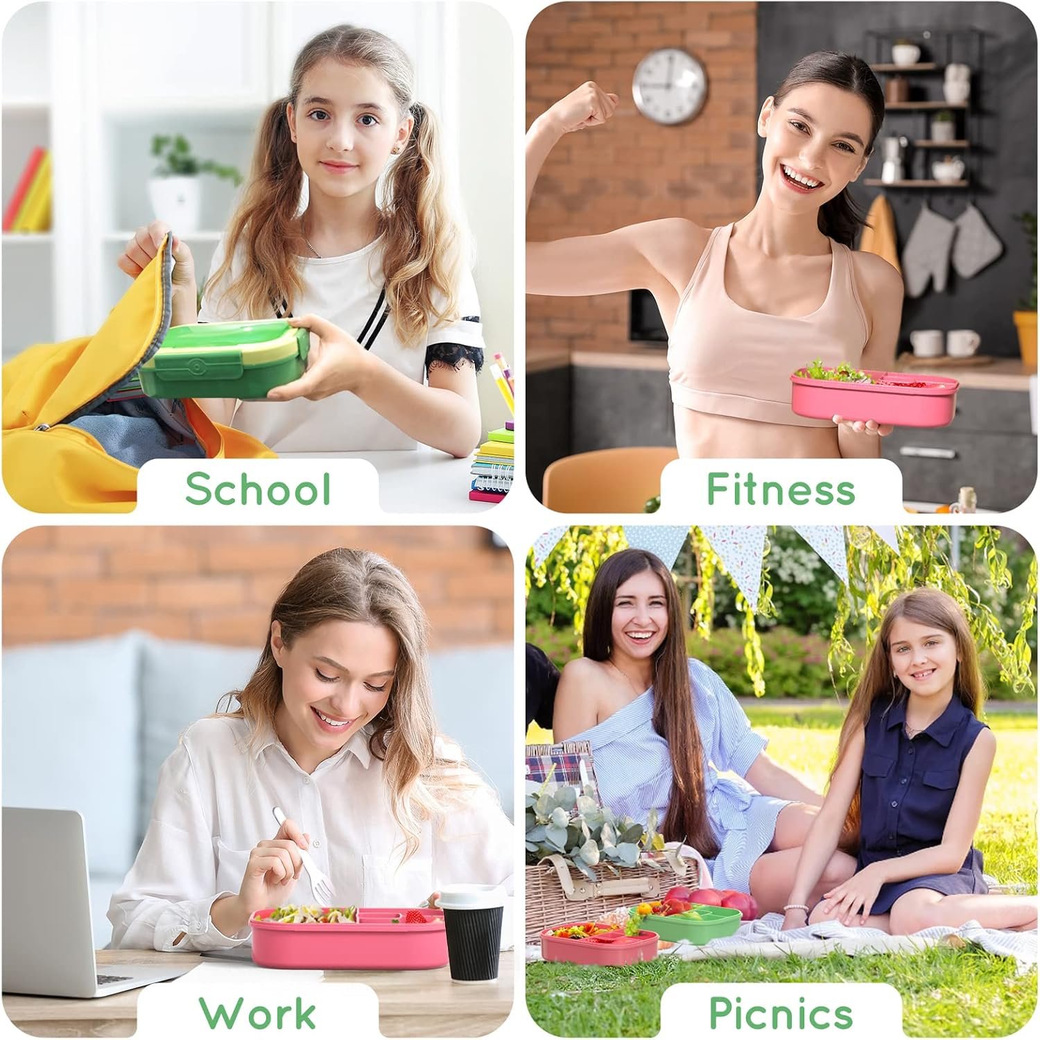 Bento Lunch Box Leakproof 44oz Kids Lunch Box Containers with 4 Compartment, Bento-Style Lunch Bento Box with Cutlery, Reusable Kid Back to School Meal/Snack Packing BPA Free (Green) - Image 7