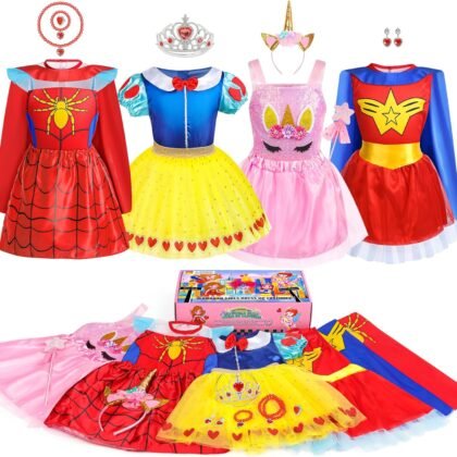 Jeowoqao Toddler Girls Dress up Costumes, Princess Dress Up Clothes for Little Girls, Kids Dress Up Pretend Play Set with Supergirl Princess Costumes Toy Gift for Girls Ages 3 4 5 6 Years