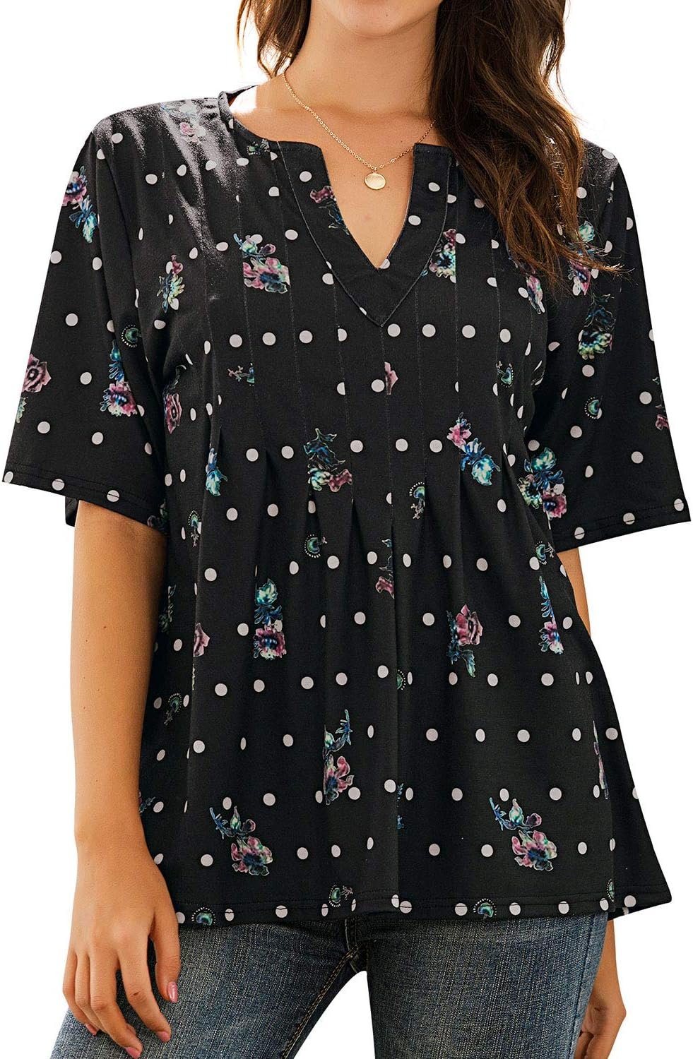 WLLW Women Bohemian Short Sleeve V Neck Floral Print T Shirt Babydoll Shirt Blouse Tunic Top (Black, M) - Image 2