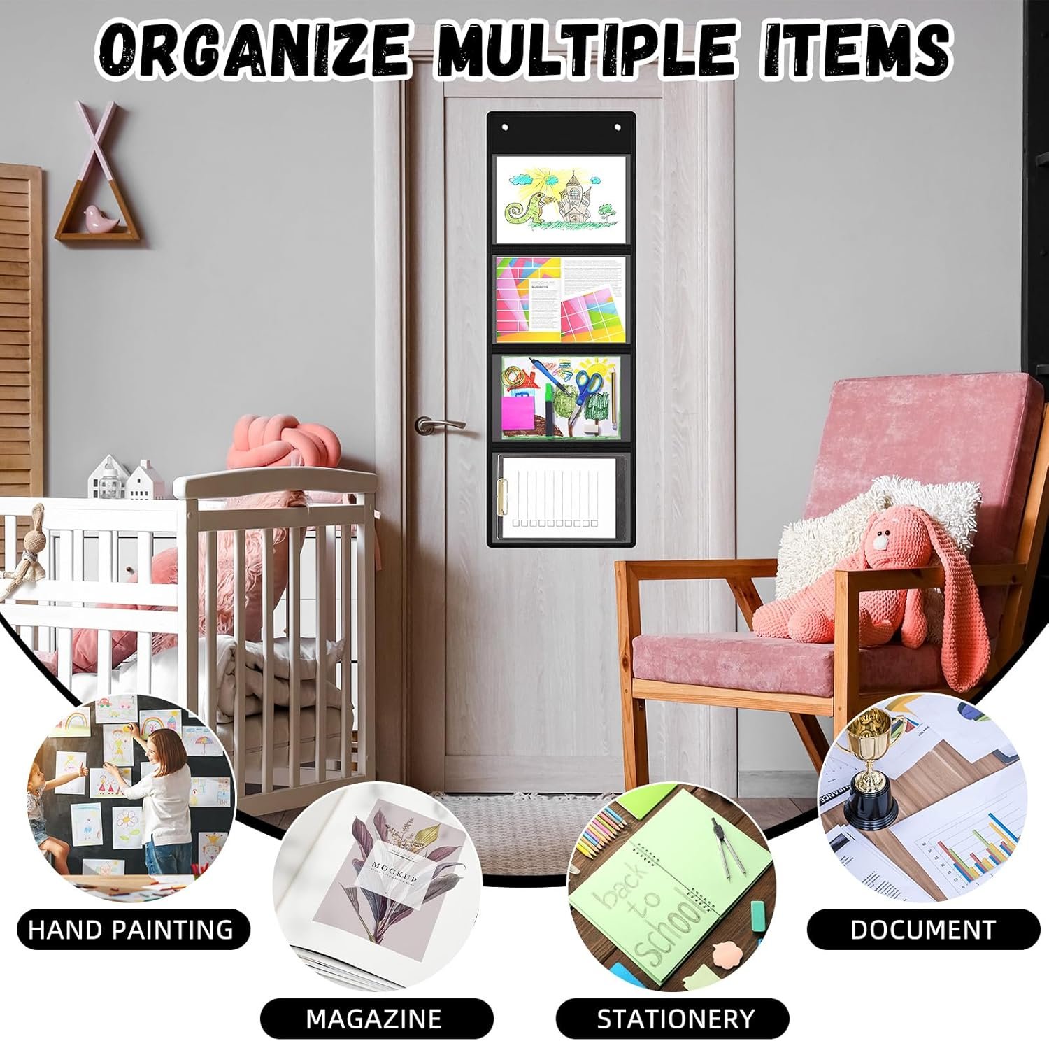 2 Pcs Storage Pocket Chart for Classroom 37.4 x 13 in, 4 Pockets Hanging Wall File Organizer for Cards, Drawing, Pictures, Class Demonstrations, Homework, Teacher Office Organization (Black) - Image 4