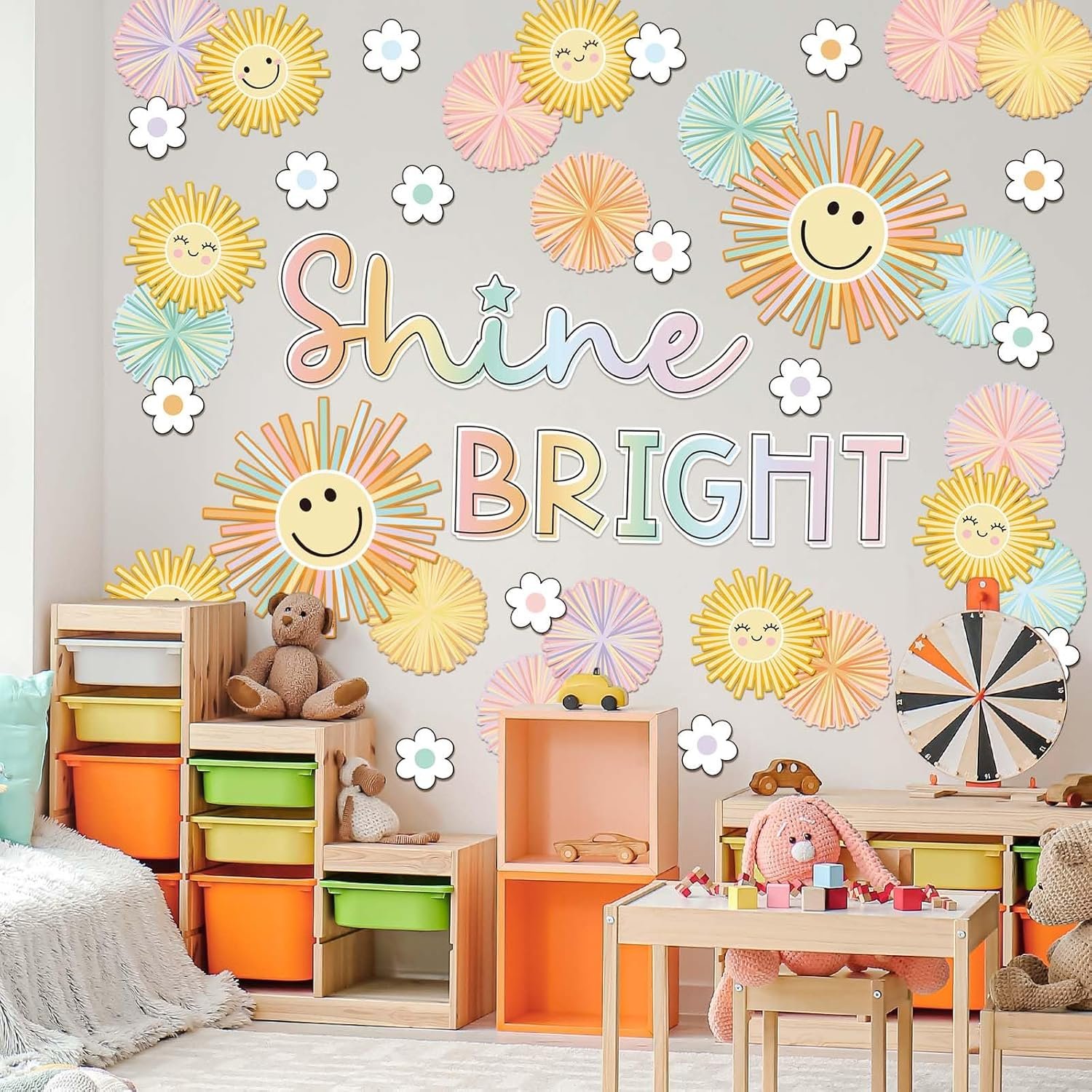Summer Shine Bright Sun Bulletin Board Set Pastel Paper Cutouts with 100Pcs Glue Points Colorful Cute Sun Cut-Outs for School Classroom Home Sunshine Party Decor Supplies, 45Pcs - Image 7