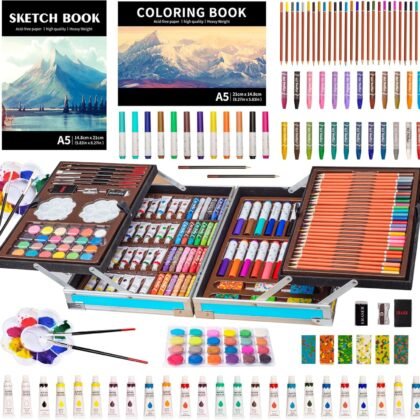 KINSPORY Deluxe Art Supplies Kit for Kids, Boys, Girls, Teens, Ages 5-12, with Sketch Pad, Watercolors, Crayons, Pencils, Markers, Oil Pastels, Palettes, Brushes, Erasers - Blue