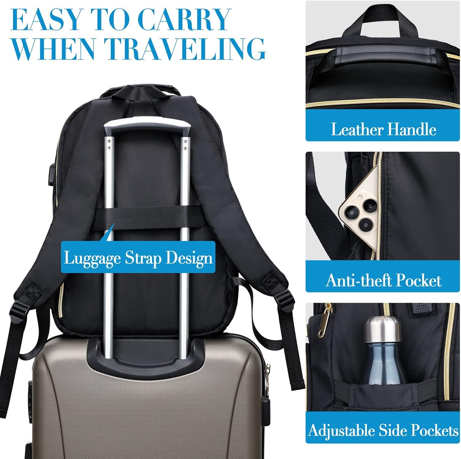 Travel Laptop Backpack, School Backpack for Teen Girls, 15.6 Inch Quilted Work Backpack Purse with USB Charging Port, Large Anti-theft Bookbag for Students, Casual Daypacks for Women,Black - Image 5