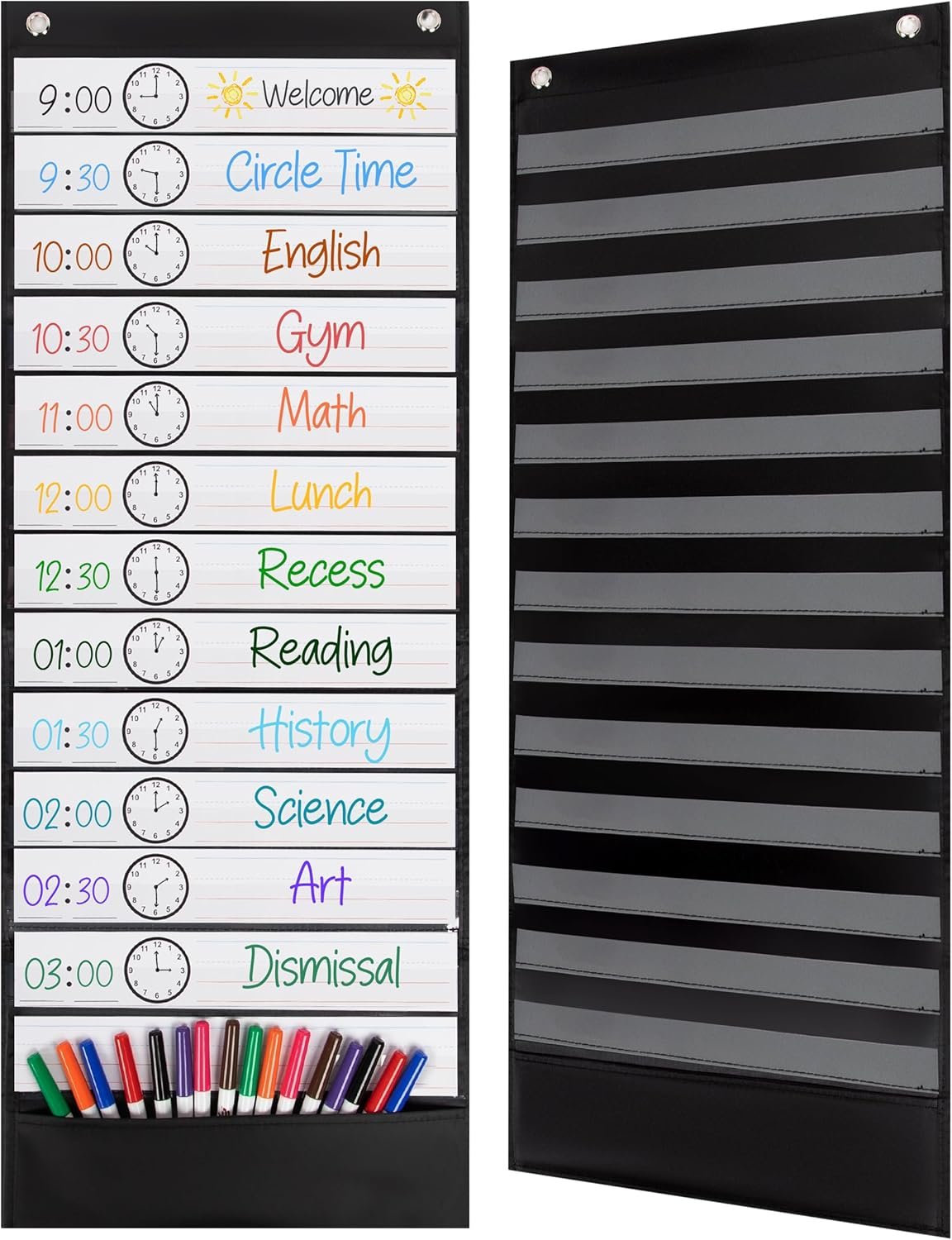 Essex Wares - 13 Pocket Daily Schedule Pocket Chart, Ultra-Durable Visual Schedule for Kids - Easy to Use, Reusable Daily Schedule for Kids - Reversible Chart for Sentence Strips