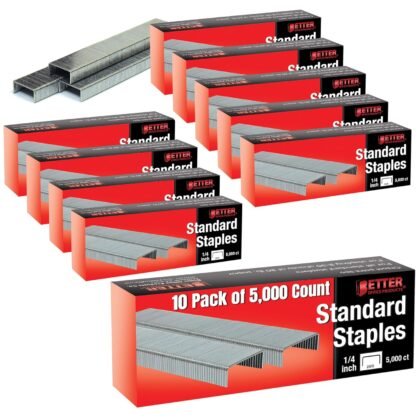 Better Office Products 50,000 Staples, 10 Pack of 5,000 Count, 26/6, 1/4-inch, Chisel Point Tips, Jam Free Staples, Fits All Standard Desktop Office Staplers