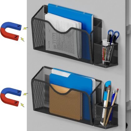 JANE EYRE Magnetic File Holder - 2pcs Hanging File Organizer Magazine Document Paper Holders with 2pcs Pen Holders for Classroom Cabinets Office,No Drilling(BLACK)