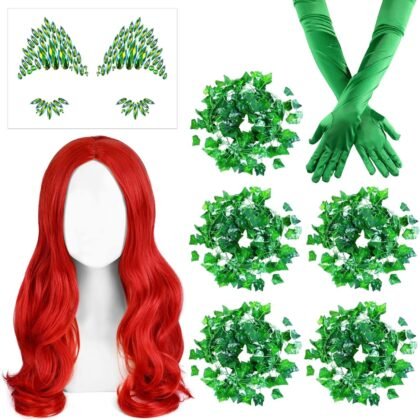 8 Pcs Halloween Poison Green Fake Ivy Costume Set Include Red Wig Long Green Gloves Artificial Ivy Vines and Face Jewels Stick for Women Party Dress Up（Classic）