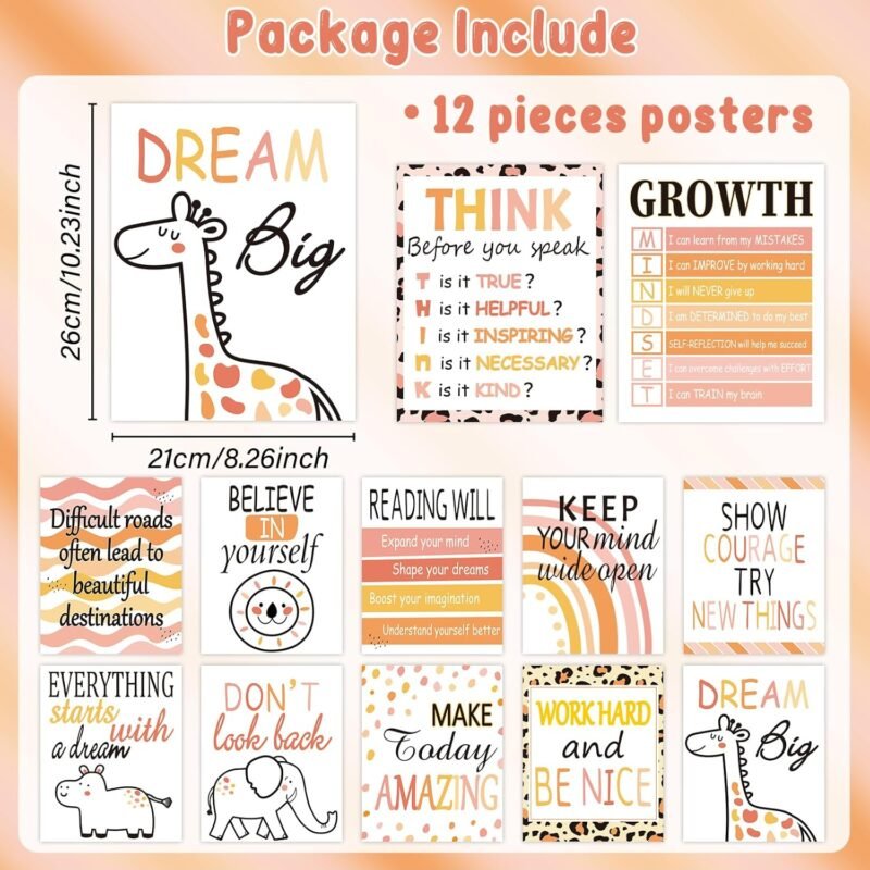12 Simply Safari Inspirational Quotes Posters for Classroom Decor Signs Boho Neutral Motivational Bulletin Board Safari Themed Wall Art Growth Mindset Board Sign for Kids Kindergarten Unframed (8×10) - Image 2