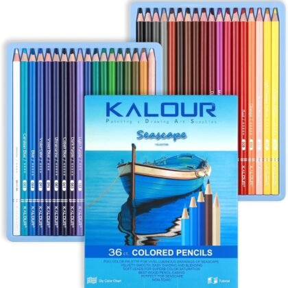KALOUR PDAS 36-piece Blue Seascape Colored Pencil Set, Pre-sharpened Wooden Colored Pencils for Adults Artists Beginners Coloring Books Drawing & Sketching