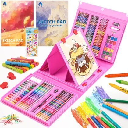 VigorFun Art Supplies, 240-Piece Drawing Art Kit, Gifts for Kids Girls Boys Teens, Art Set Crafts Case with Double Sided Trifold Easel, Includes Sketch Pads, Crayons, Colored Pencils (Pink)