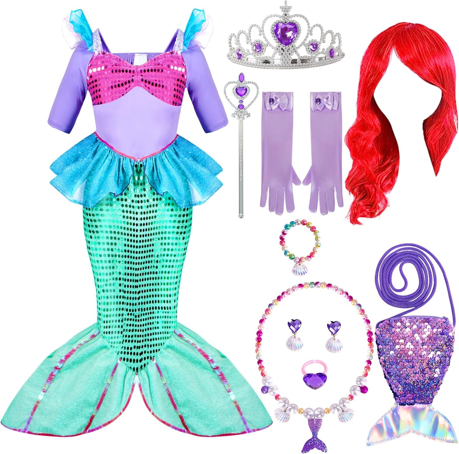 Spooktacular Creations Halloween Little Mermaid Costume for Girls, Sequin Mermaid Dress Set, Light Purple Princess Dress for Toddler Dress-Up, Cosplay Party (Small, 5-7 yrs)