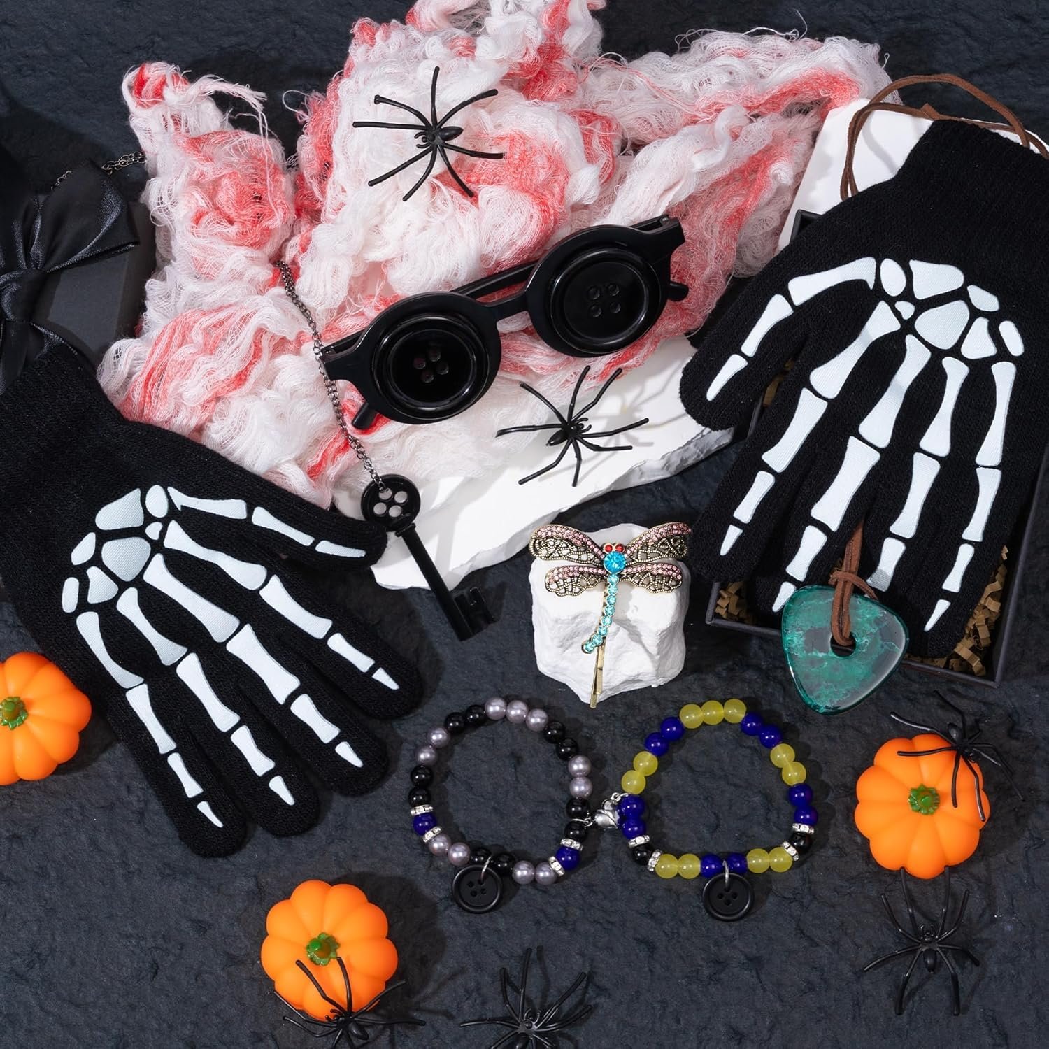 Halloween Button Eyes Cosplay Accessories Set - 15PCS Coraline and Wybie Inspired Costume Kit with Skull Gloves, Key Necklace, Button Bracelets and Glasses Gifts for Women Men Fans - Image 6