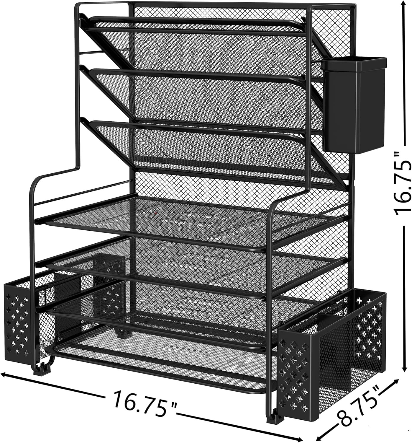 Simple Trending 7 Tier Desk File Organizer, Letter Tray Paper Organizer with Pen Holder and Metal Hanging Basket, Black - Image 6