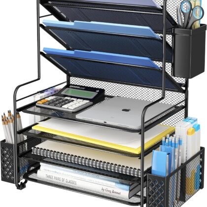Simple Trending 7 Tier Desk File Organizer, Letter Tray Paper Organizer with Pen Holder and Metal Hanging Basket, Black
