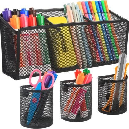 VICNOVA Magnetic Pencil Holder - Metal Pen Holder with Strong Magnets - Storage Basket Organizer for Whiteboard, Refrigerator, Locker Accessories