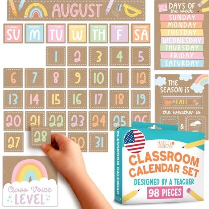 Classroom Calendar Set Bulletin Board Decor – School Calendar For Classroom Elementary & Preschool, Bulletin Board Decorations With Weather Chart & Seasons, Kraft Teacher Must Haves
