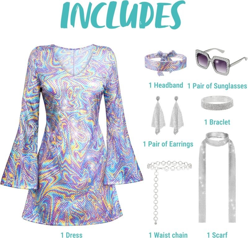 Spooktacular Creations 70s Outfits Women, Halloween Disco Dress with 70s Accessories for Halloween Costumes Dance Party - Image 4