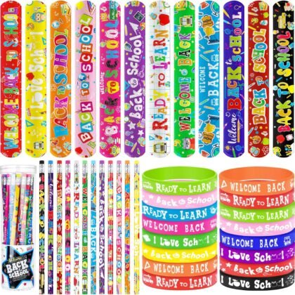 durony 24 Welcome Back to School Pencils 24 First Day of School Rubber Bracelets Silicone Wristbands 24 Back to School Slap Bracelets for Boys Girls School Classroom Exchange Prizes Gifts, 12 Styles