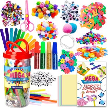 Dragon Too Mega Kids Crafts and Art Supplies Jar Kit - 1000+ Piece Set - Instructional Booklet Included - Revised Glitter Glue, Construction Paper, Popsicle Sticks, Googly Eyes, Pipe Cleaners