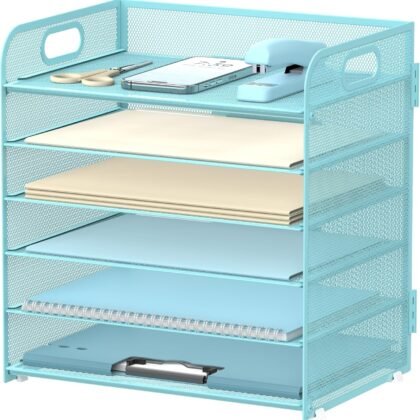 DRQ 6-Tier Paper Letter Tray Organizer with Handle, Mesh Desk File Organizer, Metal Desktop Organizer for Home Office Supplies, Blue