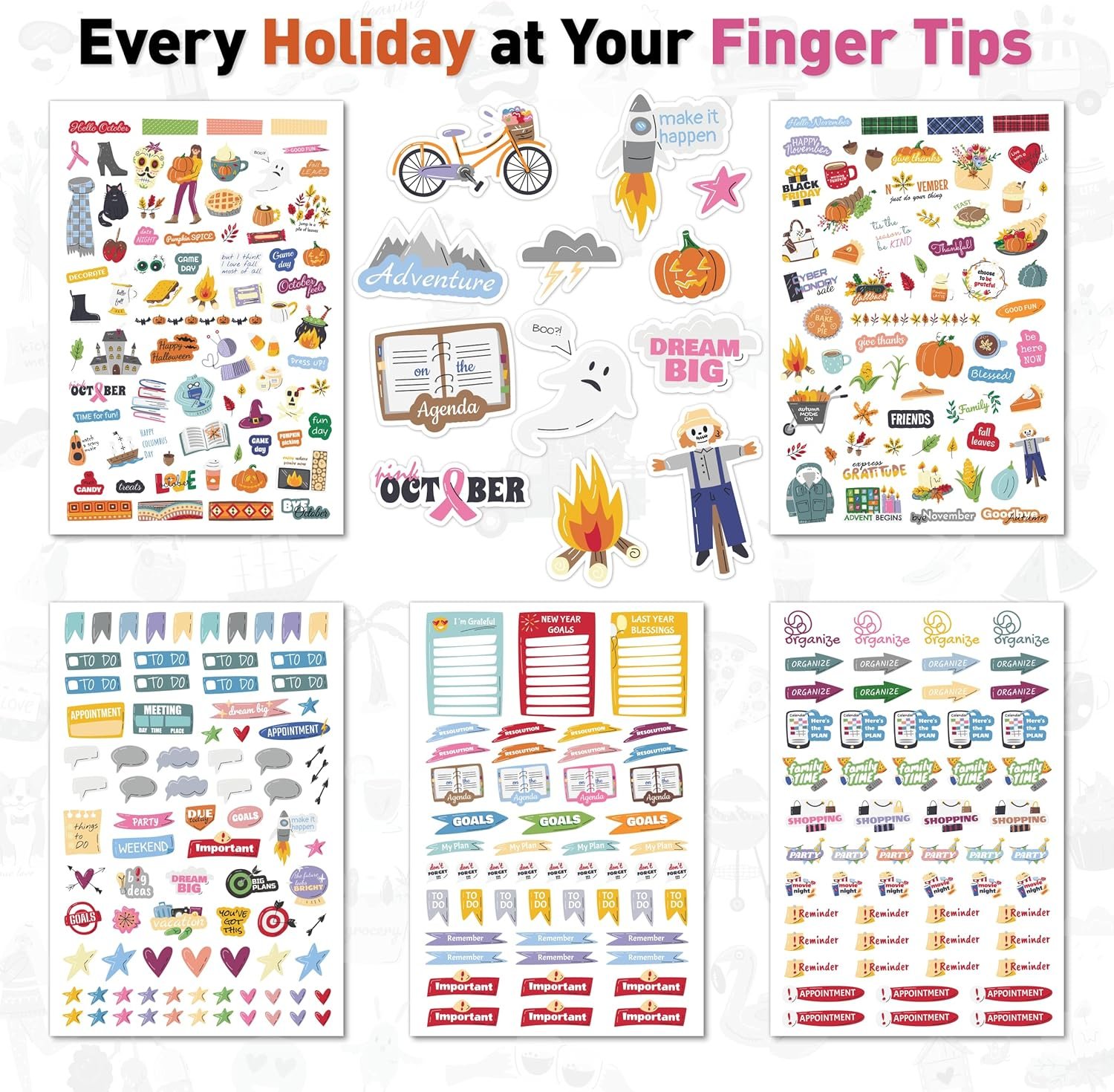 Holiday Seasonal Planner Sticker - Daily, Weekly & Monthly Calendar Stickers for Women, Men, Kids, Teachers & Students - Over 1300 Unique Hand-Drawn Stickers on 20 Sheets Per Pack! - Image 4