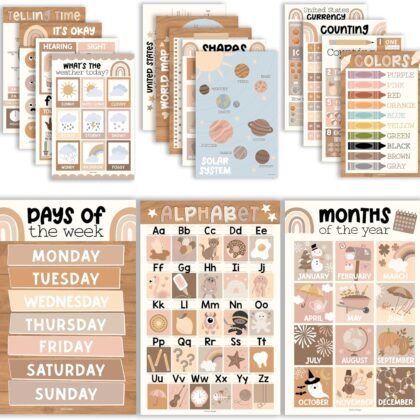 Hadley Designs 16 Educational Posters for Toddlers 1-3, Laminated Toddler Learning Posters for Preschool & Kindergarten, ABC Chart, Numbers, Colors, Shapes, Days of The Week, Boho Classroom Decor