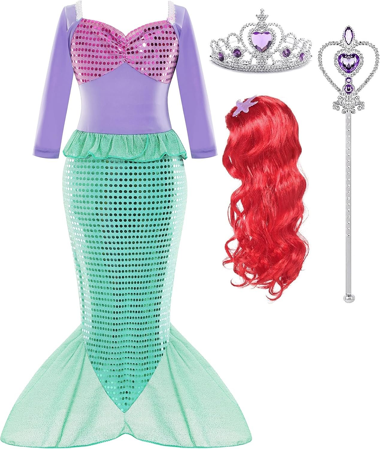 Arie Costume For Girls Little Mermaid Dress Up Costume Arie Dress Age 3-8 With Wig Halloween Cosplay Birthday Party