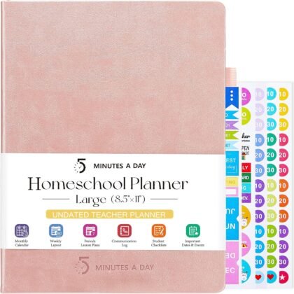Homeschool Planner, Undated Teacher & Lesson Plan Book, Home School Planner for Mom, 8.5 * 11” Weekly Monthly Daily, Family & Homeschool Organization-Rose Gold