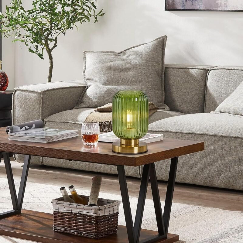 Glass Table Lamps Mid Century Modern Globe, Dimmable Green Table Lamp for Nightstand, Small Gold Table Lamp, Green Pumpkin Design Ribbed Glass Vintage Bedside Lamp for Bedroom Living Room Office - Image 7