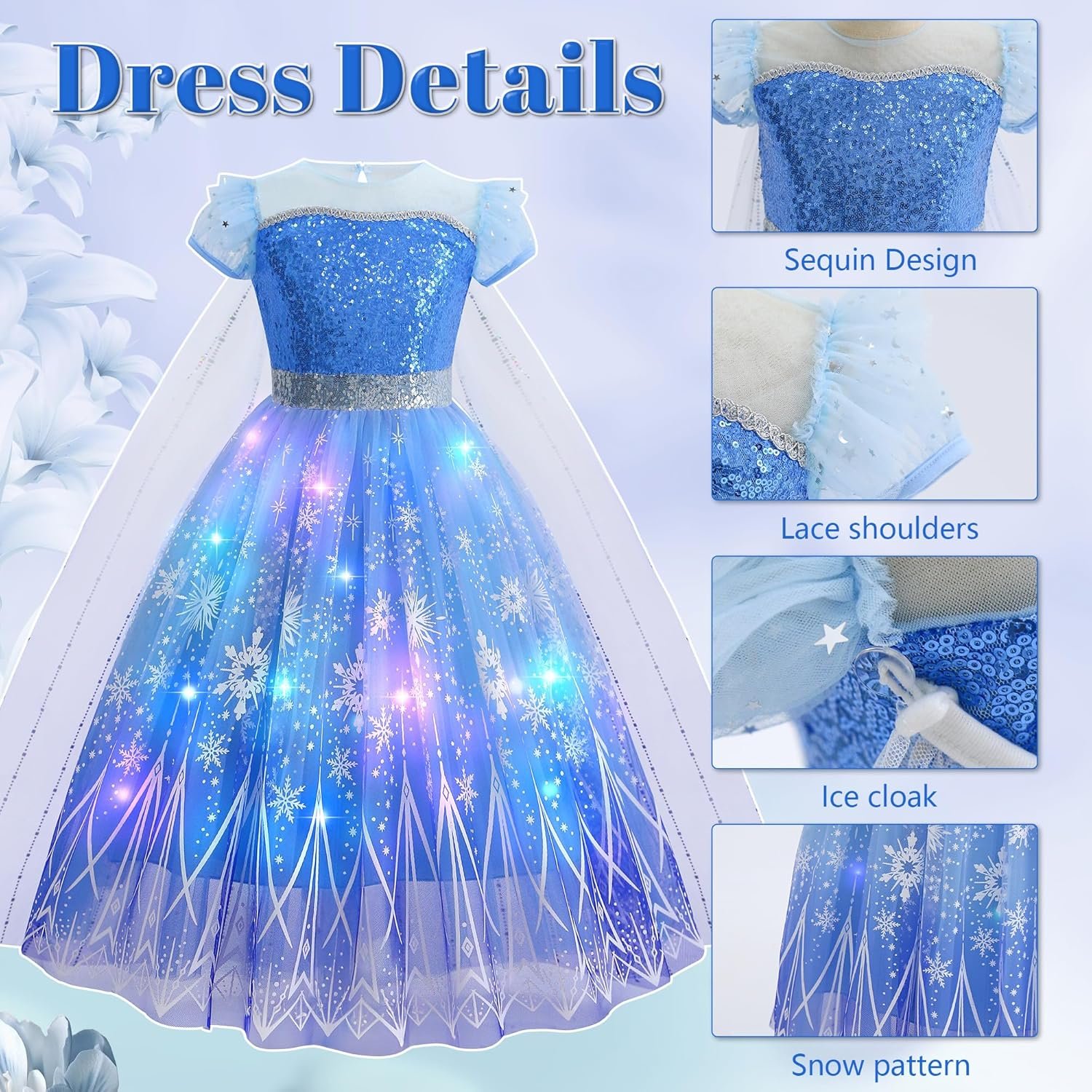 Light Up Princess Dresses for Girls Princess Costume for Girls Princess Elsa Dress Up Clothes for Role Play Bday - Image 4