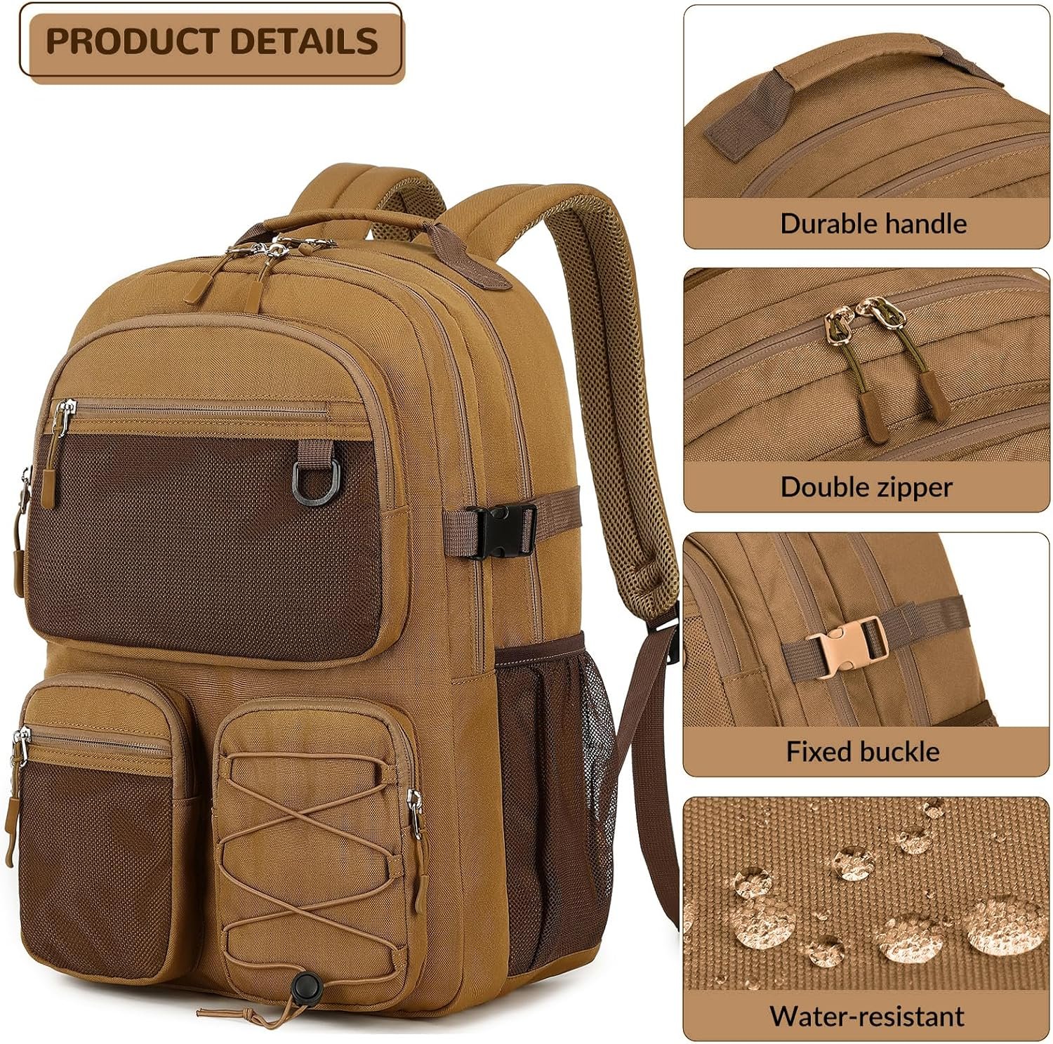 Lohol Water Resistant Daypack with Mulitiple Pockets for Travel Outdoor College, 15.6 inch Laptop Backpack for Men and Women (Brown) - Image 7