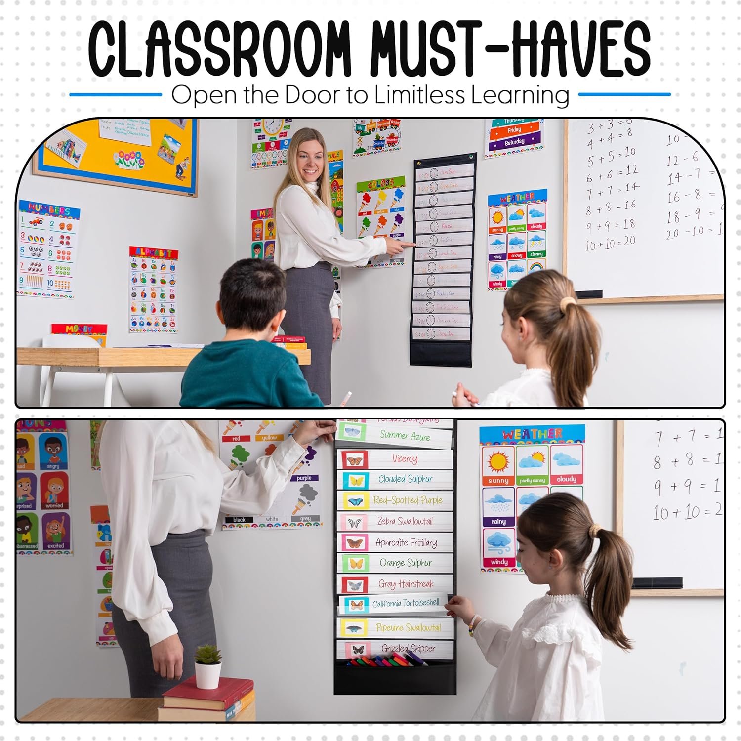 Essex Wares - 13 Pocket Daily Schedule Pocket Chart, Ultra-Durable Visual Schedule for Kids - Easy to Use, Reusable Daily Schedule for Kids - Reversible Chart for Sentence Strips - Image 6