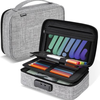 Zannaki Large Capacity Pencil Pouch Case with Lock, Pen Marker Stationery Bag Art Supply Storage Organizer Box for Bullet Journal Middle High School College Student Teen Girl Boy Women Adult, Grey