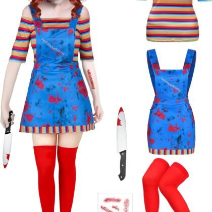 Xtinmee 5 Pcs Women Halloween Nightmare Killer Doll Deluxe Costume Rainbow Stripe Nice Guy Cosplay Movie Character Outfit