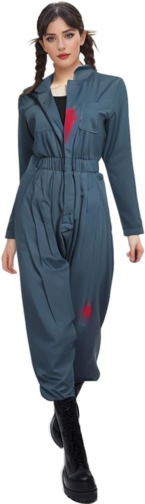 LILLIWEEN Womens Halloween Killer Costume Cosplay Long Sleeve Zip-Front Blue Coverall Jumpsuit