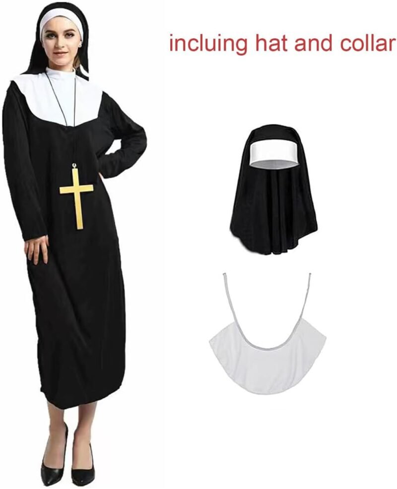 Halloween Nun Costume for Women Cosplay Costume Dress Outfit Nun Habit with Nun Hat&White Collar& Cross Pendant - Image 3
